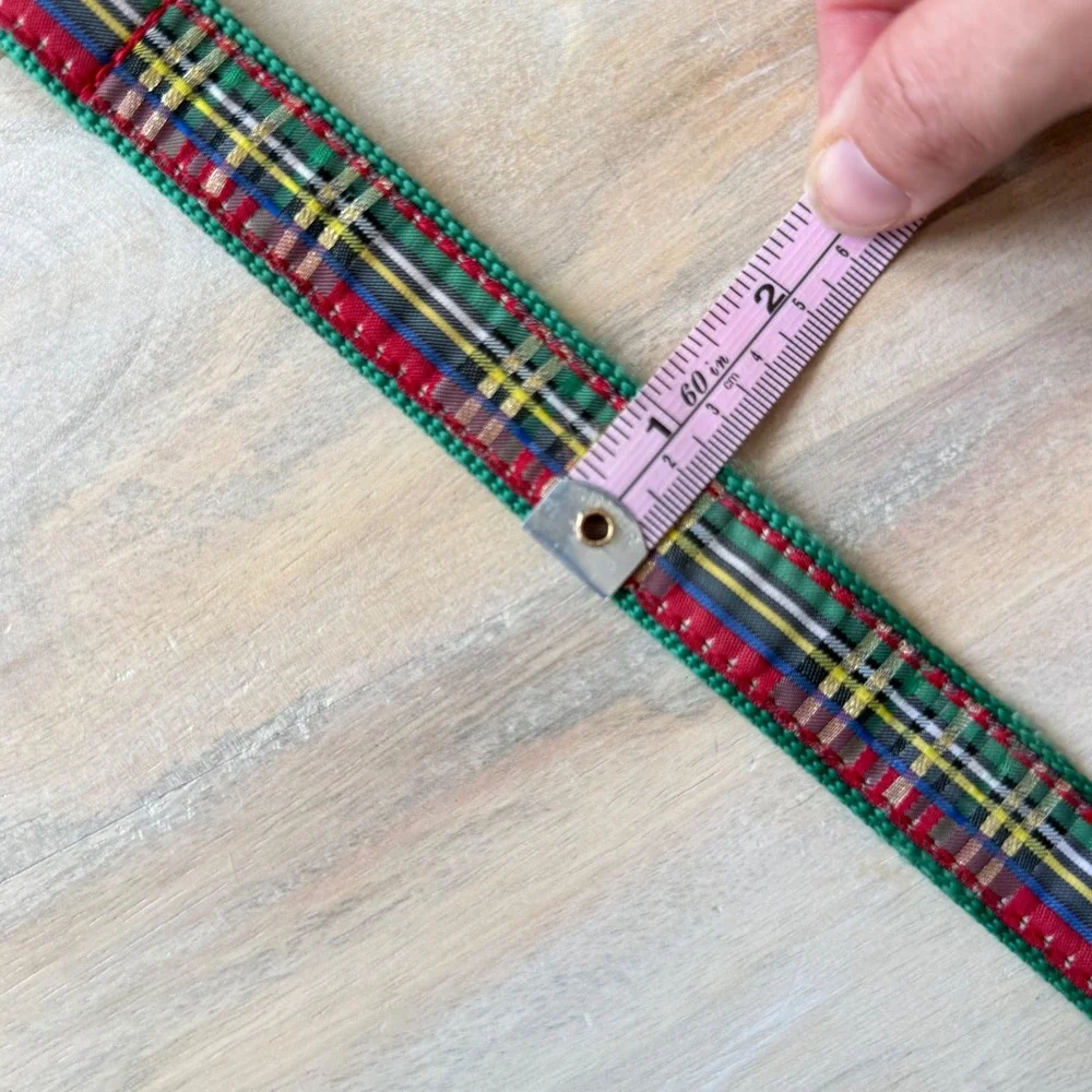 Up Country Dog Collar‎ Medium Green Red Tartan Plaid Adjustable Brass Hardware